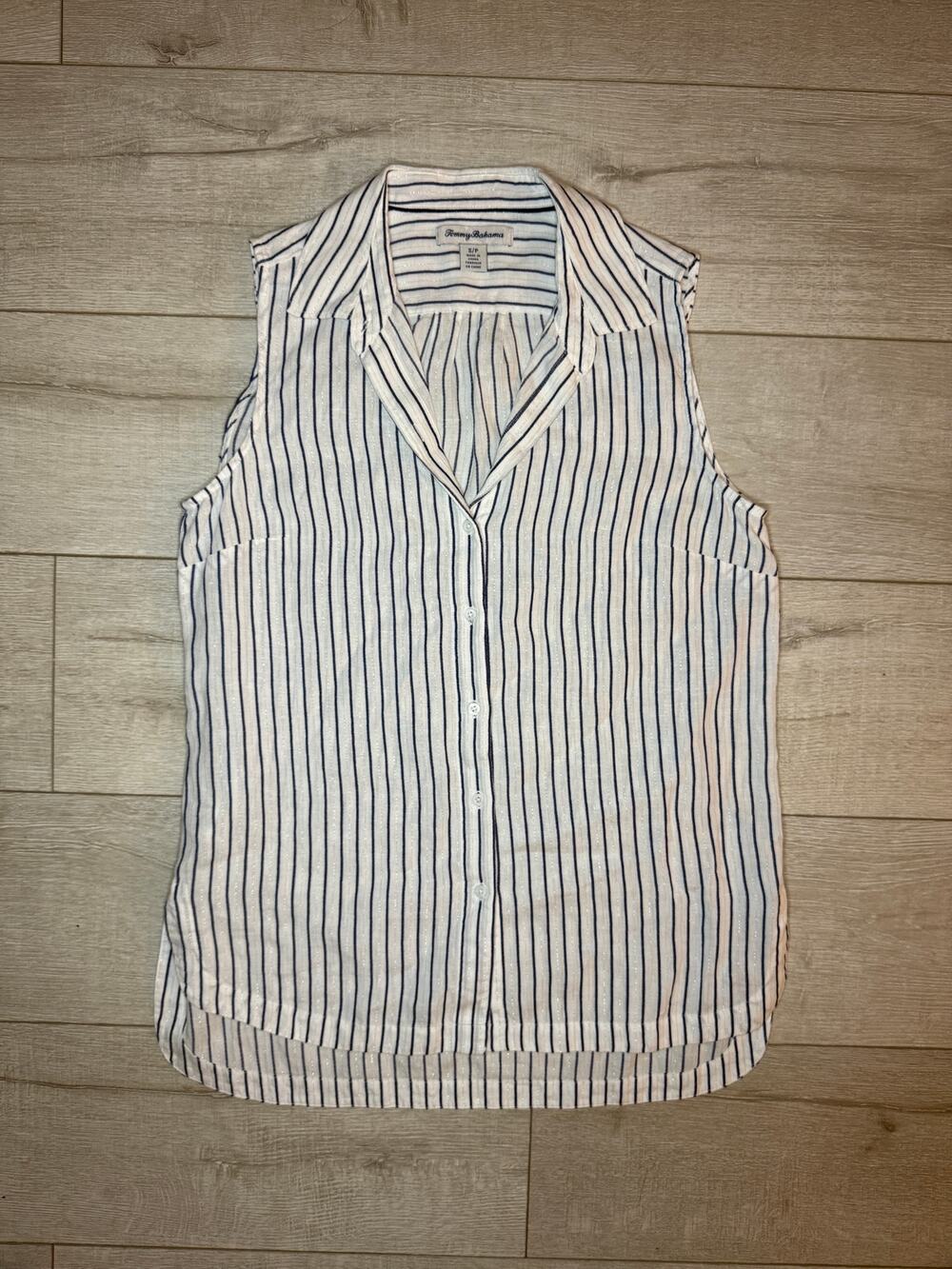 Tommy Bahama Women's S Striped Sleeveless Linen Blend Metallic Button Down Top